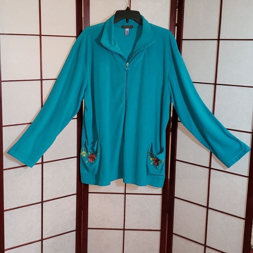 Stan Herman Teal Floral Long Sleeve Zipper Jacket